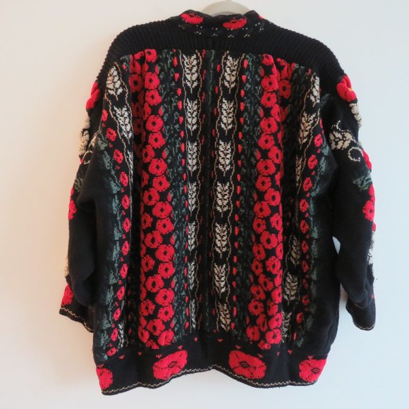 VINTAGE Maureen Goldie Scotland 100% Wool Black Red Poppy Knit Cardigan - Picture 10 of 16